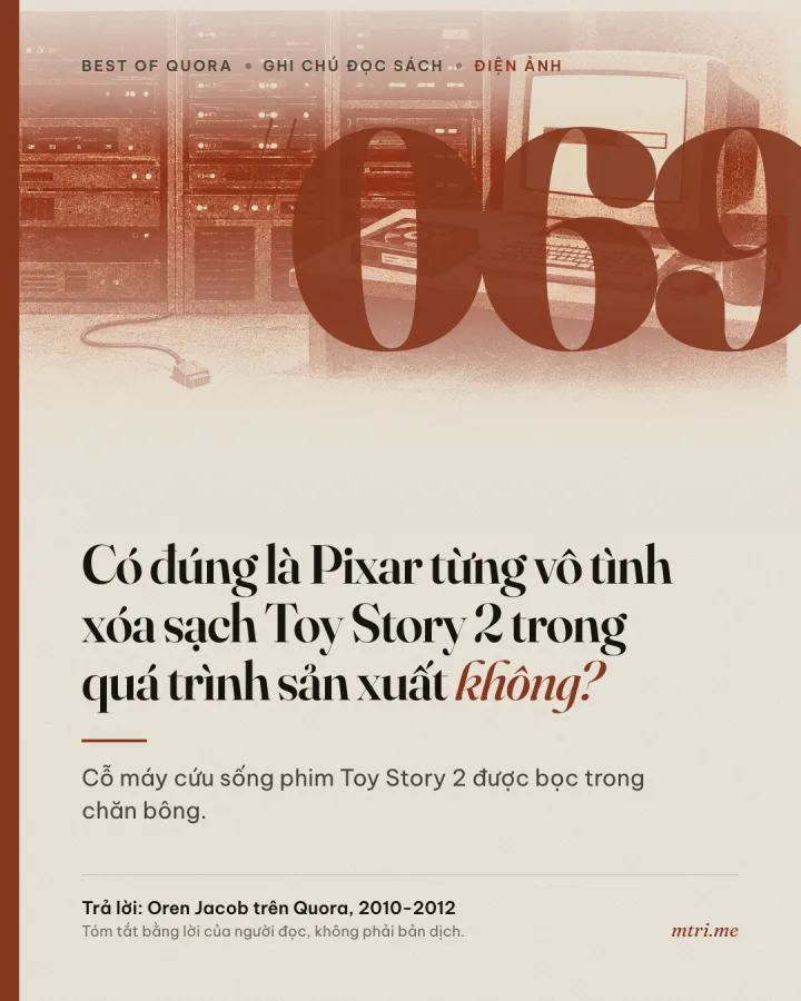 Thẻ #069: Có đúng là Pixar từng vô tình xóa sạch Toy Story 2 trong quá trình sản xuất không?