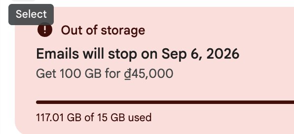 Screenshot Google Drive: Out of storage, Emails will stop on Sep 6, 2026, 117.01 GB of 15 GB used
