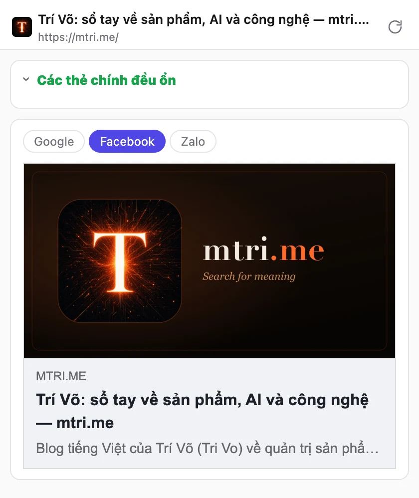 Meta Tags Inspector trên trang chủ mtri.me: các thẻ chính đều ổn, xem trước thẻ chia sẻ Facebook