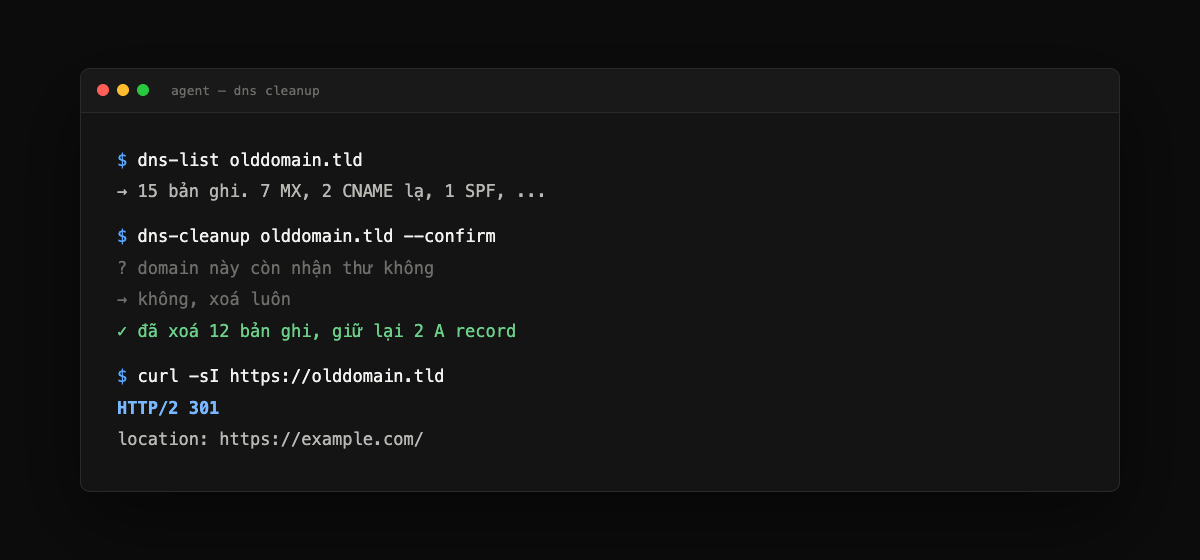Terminal: dns-list tìm ra 15 bản ghi, hỏi xác nhận trước khi xoá, dns-cleanup xoá 12 bản ghi, curl xác nhận redirect trả về HTTP/2 301