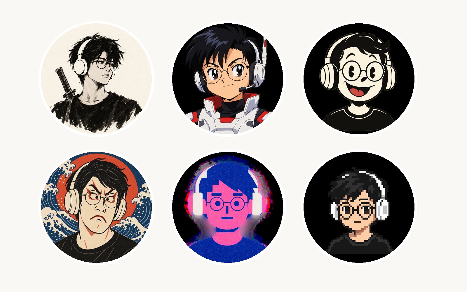 Sáu avatar vẽ ước lệ: mực tàu, mecha, cartoon, ukiyo-e, risograph, pixel