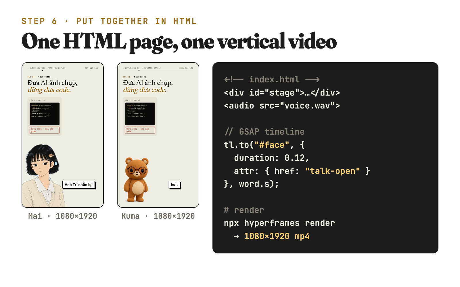 Frames of the Mai and Kuma vertical clips next to GSAP code and the HyperFrames render command