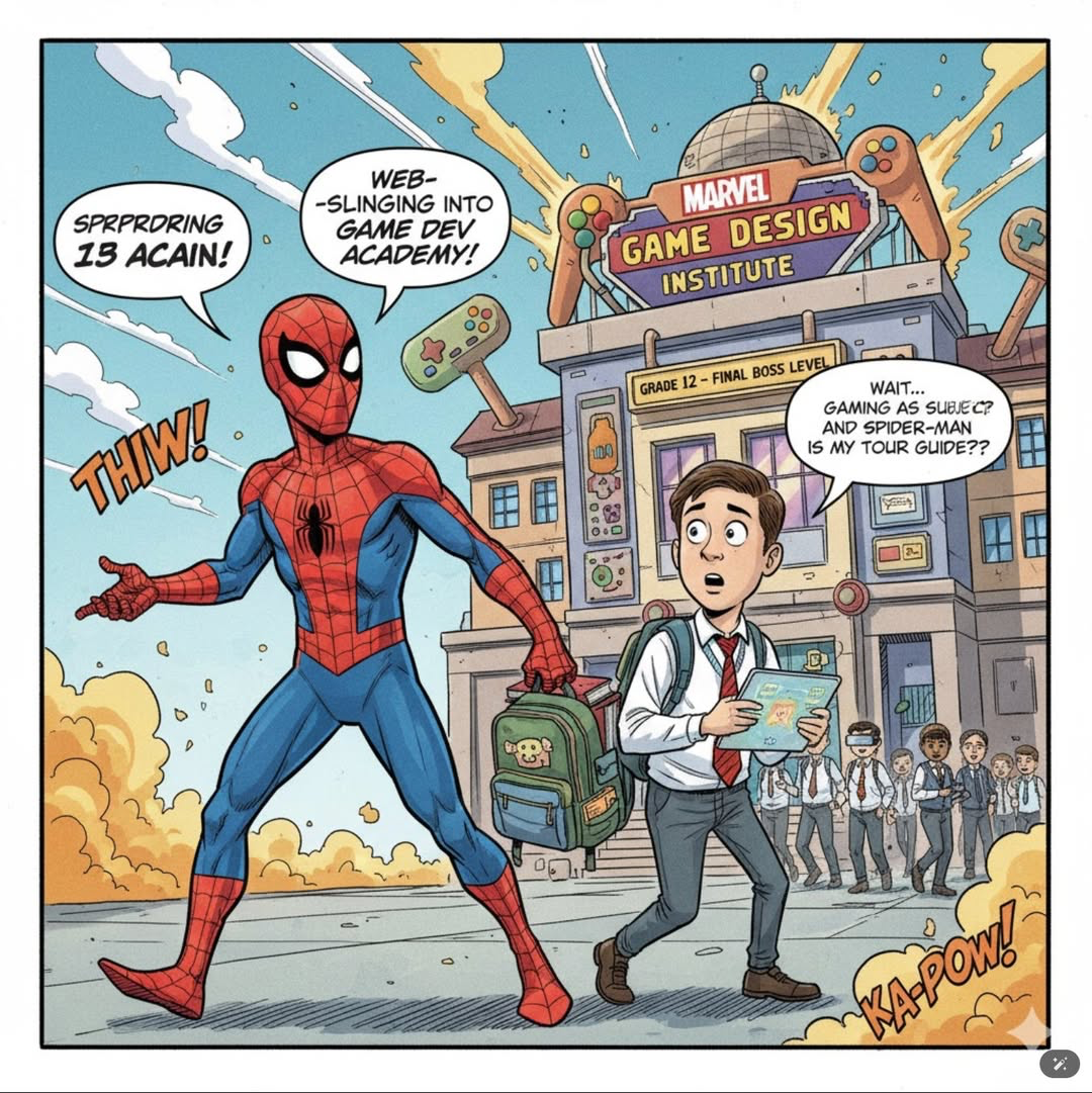 Tranh minh hoạ phong cách comic: Spider-Man dẫn một học sinh đeo cặp sách bước vào toà nhà Marvel Game Design Institute